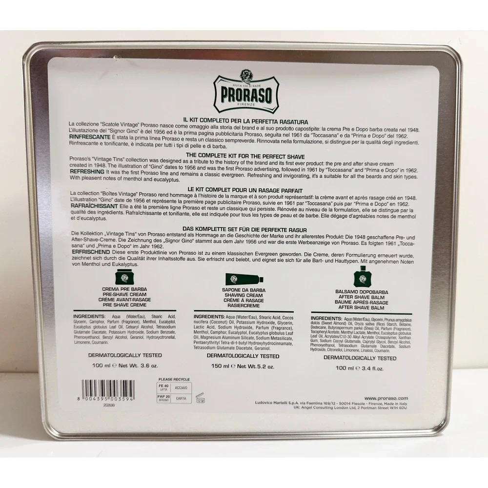 Proraso Shaving Kit Mens OS Green Gino Vintage Selection Refreshing‎ 3pc Tin Set